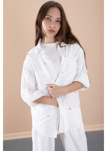 Beyaz Kız Çocuk Croplu Taşlı Gömlek ve Pantolonlu 3'lü Takım 20468 indirimleri