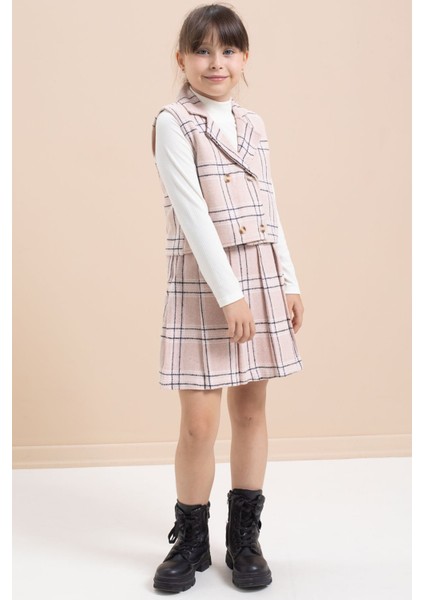 Pembe Ekose Desenli Düğme Detaylı Ceketli Kız Çocuk 2'li Takım 21540