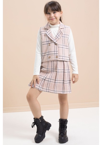 Pembe Ekose Desenli Düğme Detaylı Ceketli Kız Çocuk 2'li Takım 21540 modelleri