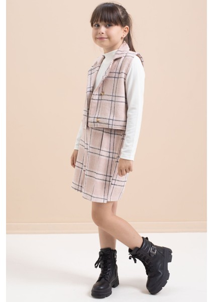 Pembe Ekose Desenli Düğme Detaylı Ceketli Kız Çocuk 2'li Takım 21540 indirimleri