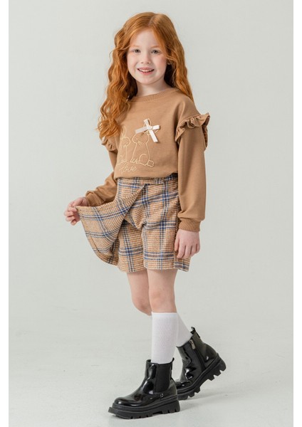 Kahverengi Kız Çocuk Tavşan Nakışlı Ekose Desenli Şort Etekli 2'li Takım 21538