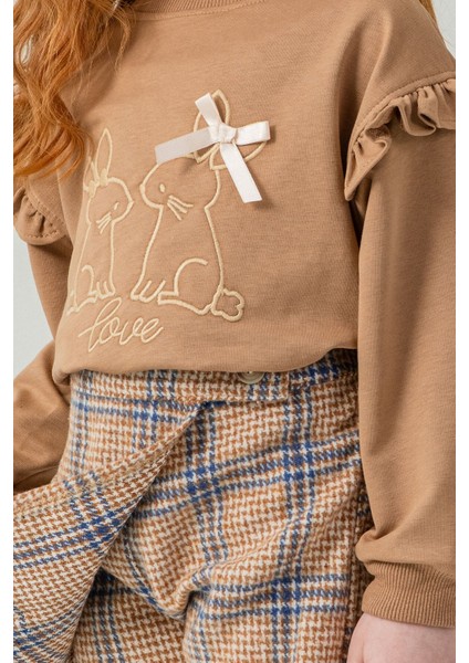 Kahverengi Kız Çocuk Tavşan Nakışlı Ekose Desenli Şort Etekli 2'li Takım 21538 fiyatları
