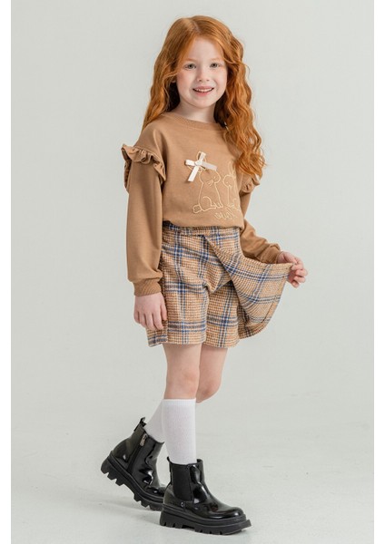 Kahverengi Kız Çocuk Tavşan Nakışlı Ekose Desenli Şort Etekli 2'li Takım 21538 fırsatları