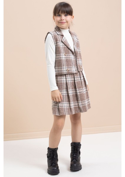 Kahverengi Ekose Desenli Düğme Detaylı Ceketli Kız Çocuk 2'li Takım 21541