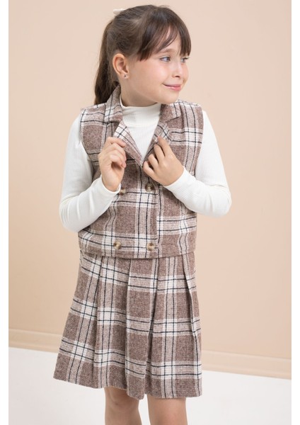 Kahverengi Ekose Desenli Düğme Detaylı Ceketli Kız Çocuk 2'li Takım 21541 fiyatları