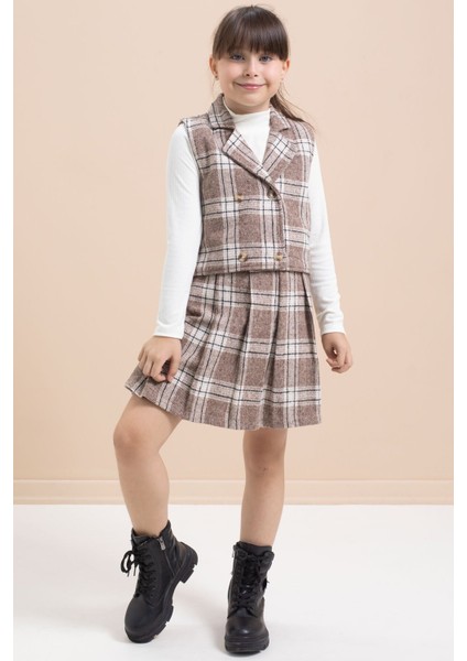 Kahverengi Ekose Desenli Düğme Detaylı Ceketli Kız Çocuk 2'li Takım 21541 modelleri