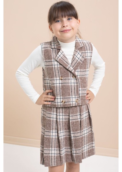 Kahverengi Ekose Desenli Düğme Detaylı Ceketli Kız Çocuk 2'li Takım 21541 fırsatları