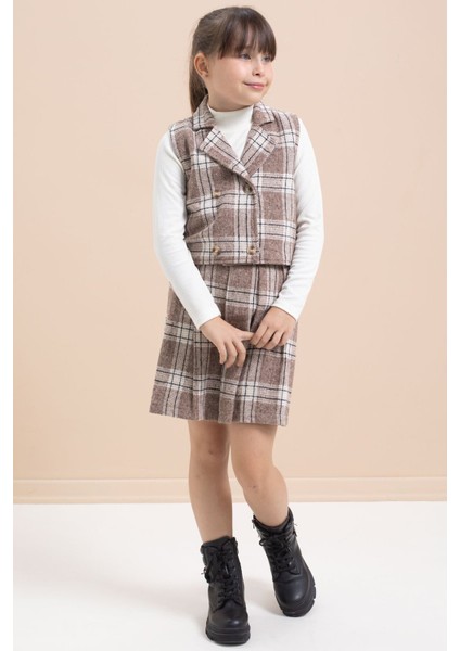 Kahverengi Ekose Desenli Düğme Detaylı Ceketli Kız Çocuk 2'li Takım 21541 indirimleri