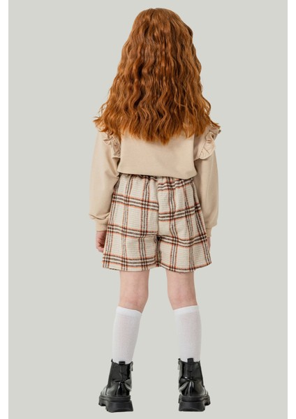 Bej Kız Çocuk Tavşan Nakışlı Ekose Desenli Şort Etekli 2'li Takım 21539 modelleri