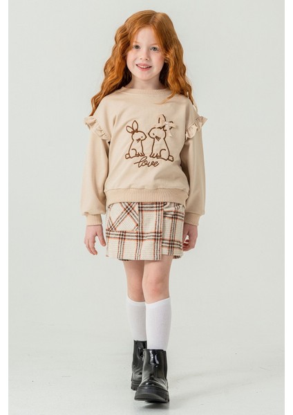 Bej Kız Çocuk Tavşan Nakışlı Ekose Desenli Şort Etekli 2'li Takım 21539 fırsatları