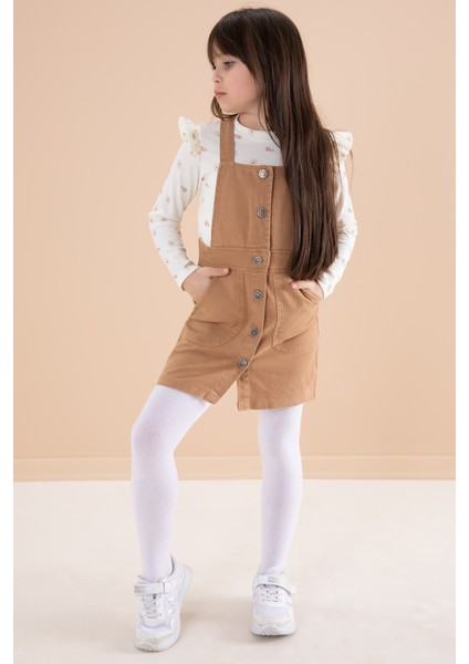 Kahve Çiçek Desenli Badili 2li Kız Çocuk Salopet Takım 20181