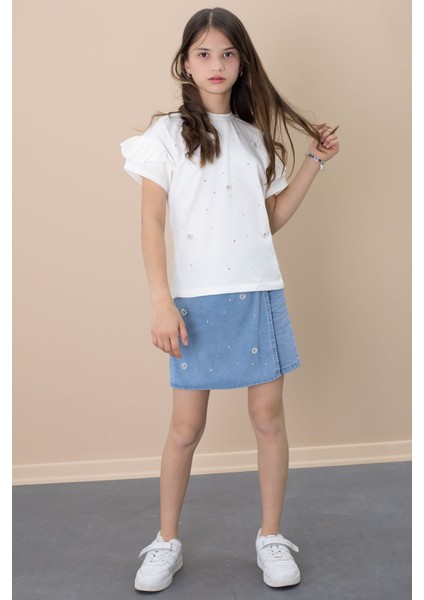 Mavi Jean Şortlu Payetli Kısa Kol Tişörtlü Kız Çocuk 2li Takım 21101