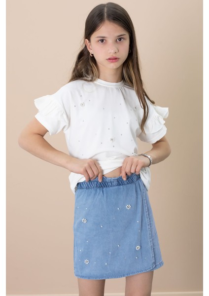 Mavi Jean Şortlu Payetli Kısa Kol Tişörtlü Kız Çocuk 2li Takım 21101 fiyatları
