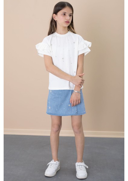 Mavi Jean Şortlu Payetli Kısa Kol Tişörtlü Kız Çocuk 2li Takım 21101 modelleri