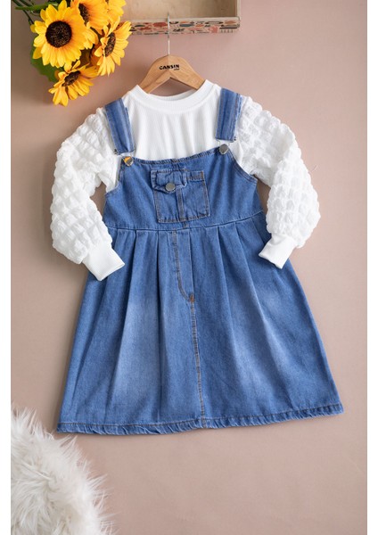 Mavi Göğüs Cepli Salopetli ve Kol Detaylı Badili Kız Çocuk 2li Takım 20511