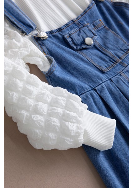 Mavi Göğüs Cepli Salopetli ve Kol Detaylı Badili Kız Çocuk 2li Takım 20511 fiyatları