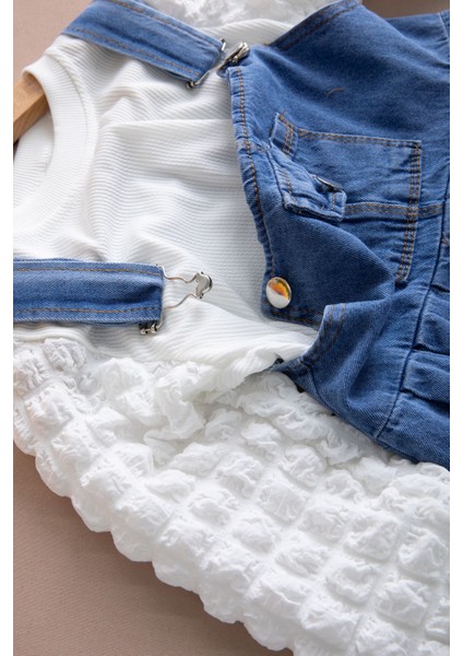 Mavi Göğüs Cepli Salopetli ve Kol Detaylı Badili Kız Çocuk 2li Takım 20511 modelleri