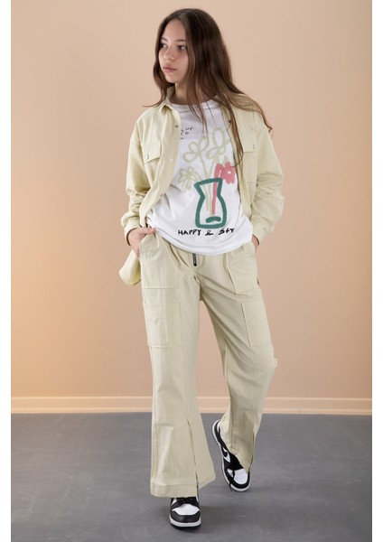 Sarı Kız Çocuk Çiçek Baskılı Gömlekli Jogger Pantolonlu 3lü Takım 20474 modelleri