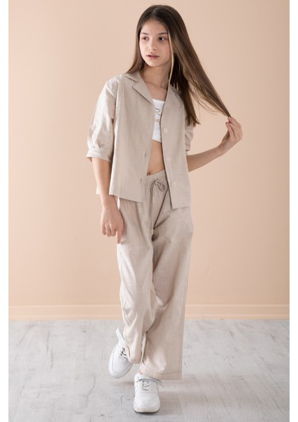 Bej Yarım Kol Kız Çocuk 3lü Croplu Takım 20324