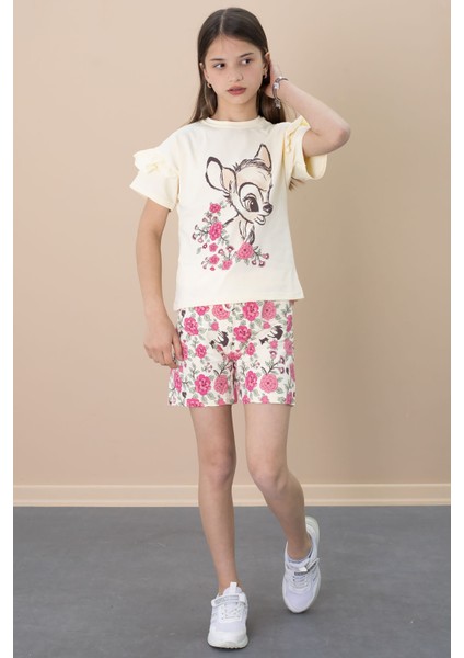Krem Fırfır Detaylı Tişörtlü Çiçek Baskılı Şortlu Kız Çocuk Takım 21100