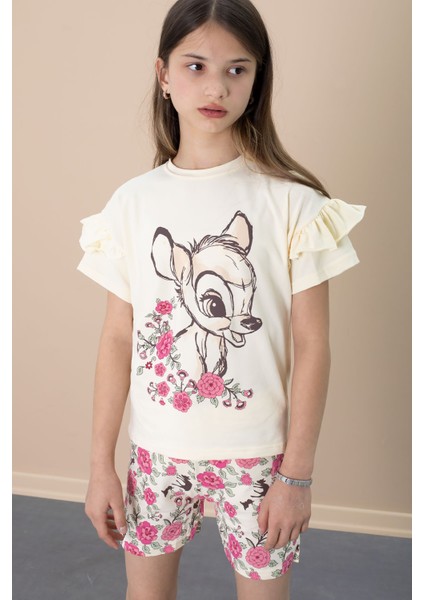 Krem Fırfır Detaylı Tişörtlü Çiçek Baskılı Şortlu Kız Çocuk Takım 21100 fiyatları