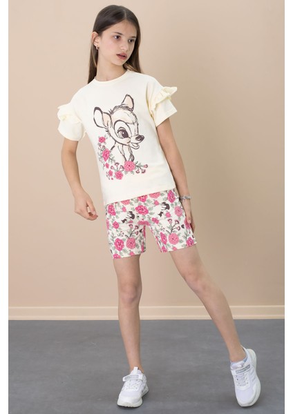Krem Fırfır Detaylı Tişörtlü Çiçek Baskılı Şortlu Kız Çocuk Takım 21100 modelleri