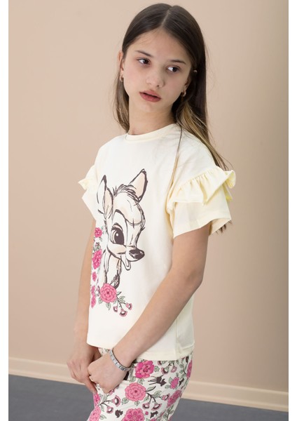 Krem Fırfır Detaylı Tişörtlü Çiçek Baskılı Şortlu Kız Çocuk Takım 21100 fırsatları
