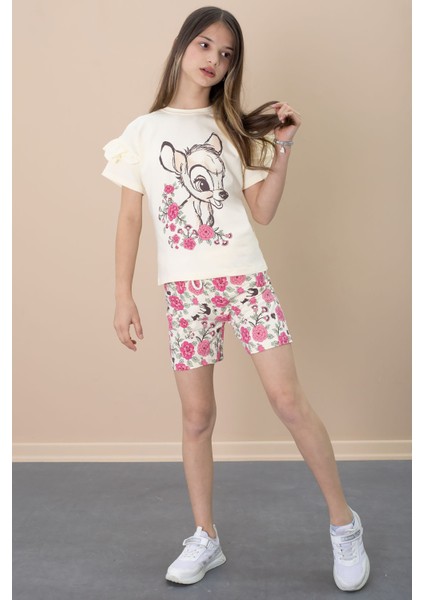 Krem Fırfır Detaylı Tişörtlü Çiçek Baskılı Şortlu Kız Çocuk Takım 21100 indirimleri