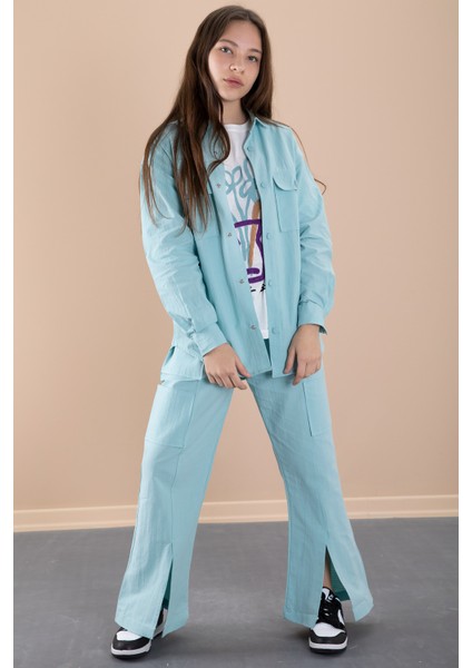 Yeşil Kız Çocuk Çiçek Baskılı Gömlekli Jogger Pantolonlu 3lü Takım 20475