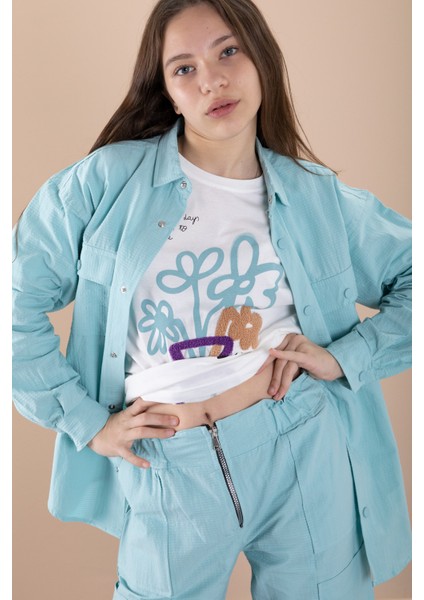 Yeşil Kız Çocuk Çiçek Baskılı Gömlekli Jogger Pantolonlu 3lü Takım 20475 fiyatları