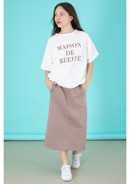 Kahverengi Kız Çocuk Etekli Baskılı Tişörtlü Takım 20507 modelleri