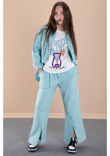 Yeşil Kız Çocuk Çiçek Baskılı Gömlekli Jogger Pantolonlu 3lü Takım 20475 modelleri