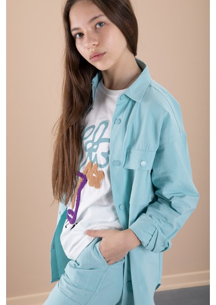 Yeşil Kız Çocuk Çiçek Baskılı Gömlekli Jogger Pantolonlu 3lü Takım 20475 fırsatları