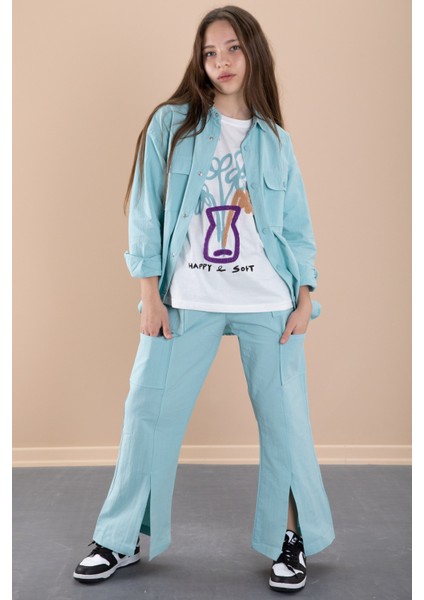 Yeşil Kız Çocuk Çiçek Baskılı Gömlekli Jogger Pantolonlu 3lü Takım 20475 indirimleri