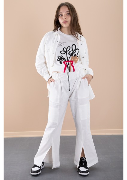 Ekru Kız Çocuk Çiçek Baskılı Gömlekli Jogger Pantolonlu 3lü Takım 20472