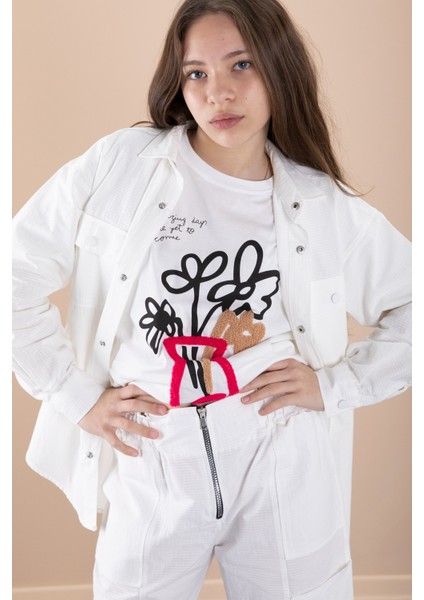 Ekru Kız Çocuk Çiçek Baskılı Gömlekli Jogger Pantolonlu 3lü Takım 20472 fiyatları