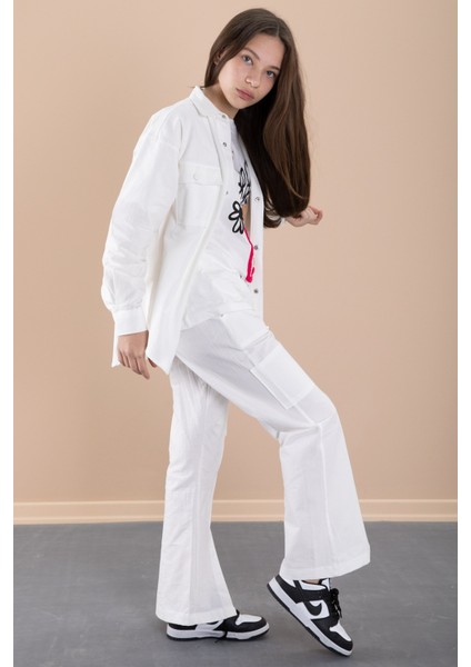 Ekru Kız Çocuk Çiçek Baskılı Gömlekli Jogger Pantolonlu 3lü Takım 20472 modelleri