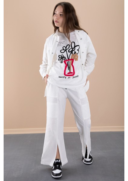 Ekru Kız Çocuk Çiçek Baskılı Gömlekli Jogger Pantolonlu 3lü Takım 20472 fırsatları