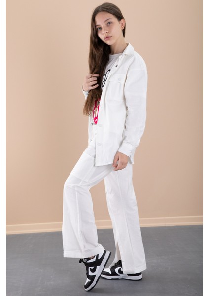 Ekru Kız Çocuk Çiçek Baskılı Gömlekli Jogger Pantolonlu 3lü Takım 20472 indirimleri