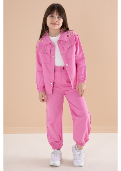 Pembe Nakış Detaylı Gömlekli Pantolonlu Kız Çocuk 3lü Takım 20157