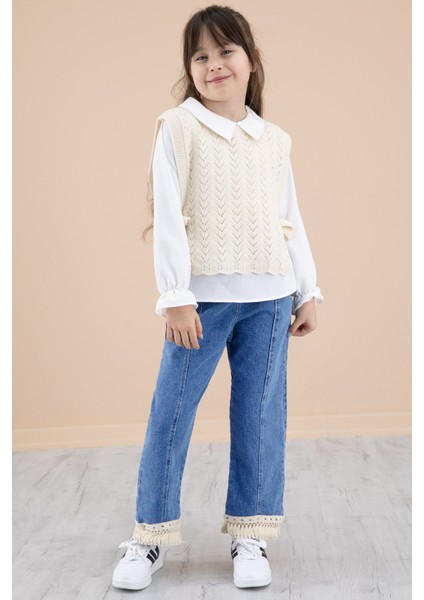 Mavi Jean Pantolonlu Dantelli Süveterli Kız Çocuk 3lü Takım 20691