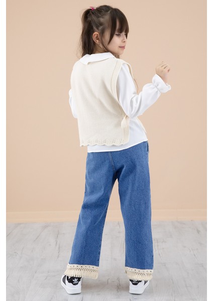 Mavi Jean Pantolonlu Dantelli Süveterli Kız Çocuk 3lü Takım 20691 fırsatları