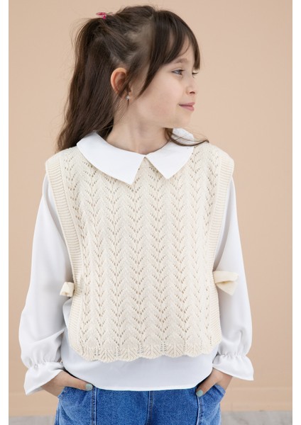 Mavi Jean Pantolonlu Dantelli Süveterli Kız Çocuk 3lü Takım 20691 indirimleri