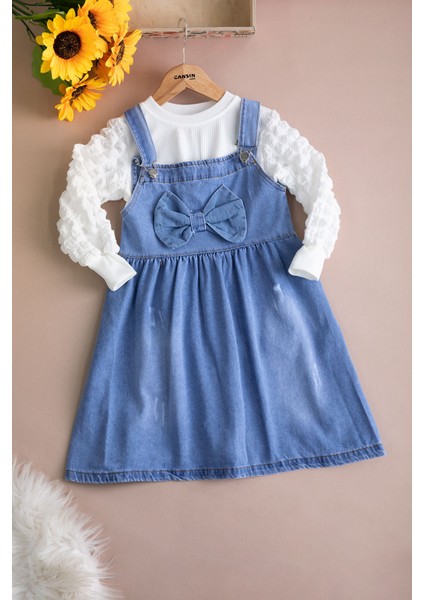 Mavi Fiyonklu Salopetli ve Kol Detaylı Badili Kız Çocuk 2li Takım 20510