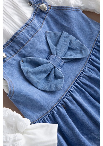 Mavi Fiyonklu Salopetli ve Kol Detaylı Badili Kız Çocuk 2li Takım 20510 fiyatları