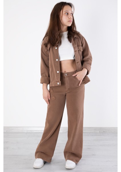 Kahverengi Nakış Detaylı Jean Pantolonlu ve Ceketli Kız Çocuk Takım 20364