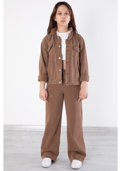 Kahverengi Nakış Detaylı Jean Pantolonlu ve Ceketli Kız Çocuk Takım 20364 fiyatları