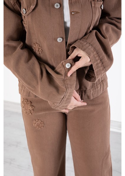 Kahverengi Nakış Detaylı Jean Pantolonlu ve Ceketli Kız Çocuk Takım 20364 modelleri