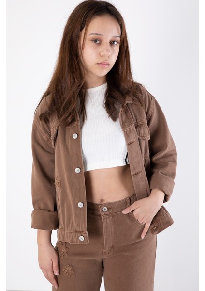 Kahverengi Nakış Detaylı Jean Pantolonlu ve Ceketli Kız Çocuk Takım 20364 fırsatları