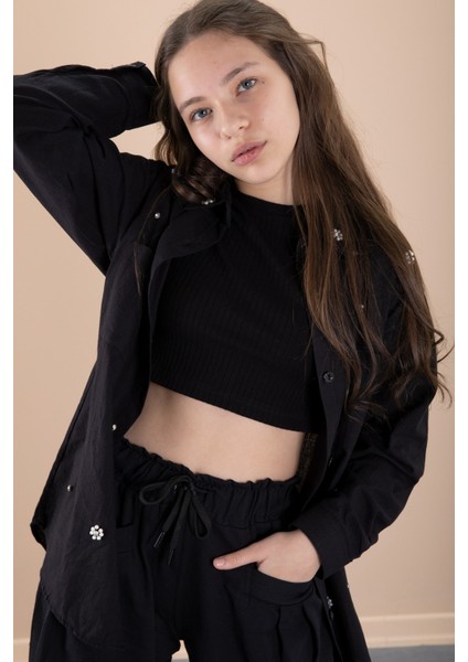 Siyah Kız Çocuk Croplu Taşlı Gömlek ve Pantolonlu 3'lü Takım 20471 modelleri